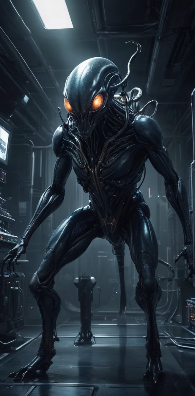 Generate hyper realistic image of a symbiotic alien parasite metamorph monster integrating with its host in a dark and fut...