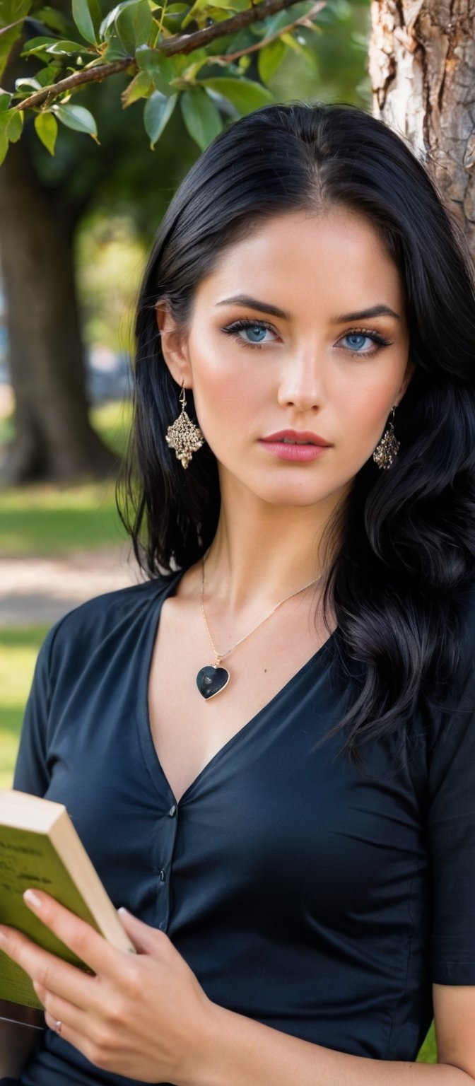 Generate hyper realistic image of a woman with long, black hair sitting outdoors beneath a tree, wearing a black shirt with short sleeves. She's holding an open book, her blue eyes looking directly at the viewer, with hoop earrings adorning her ears. A cat sits beside her, and she wears a necklace and bracelet, her lips subtly curved as if she's absorbed in reading.