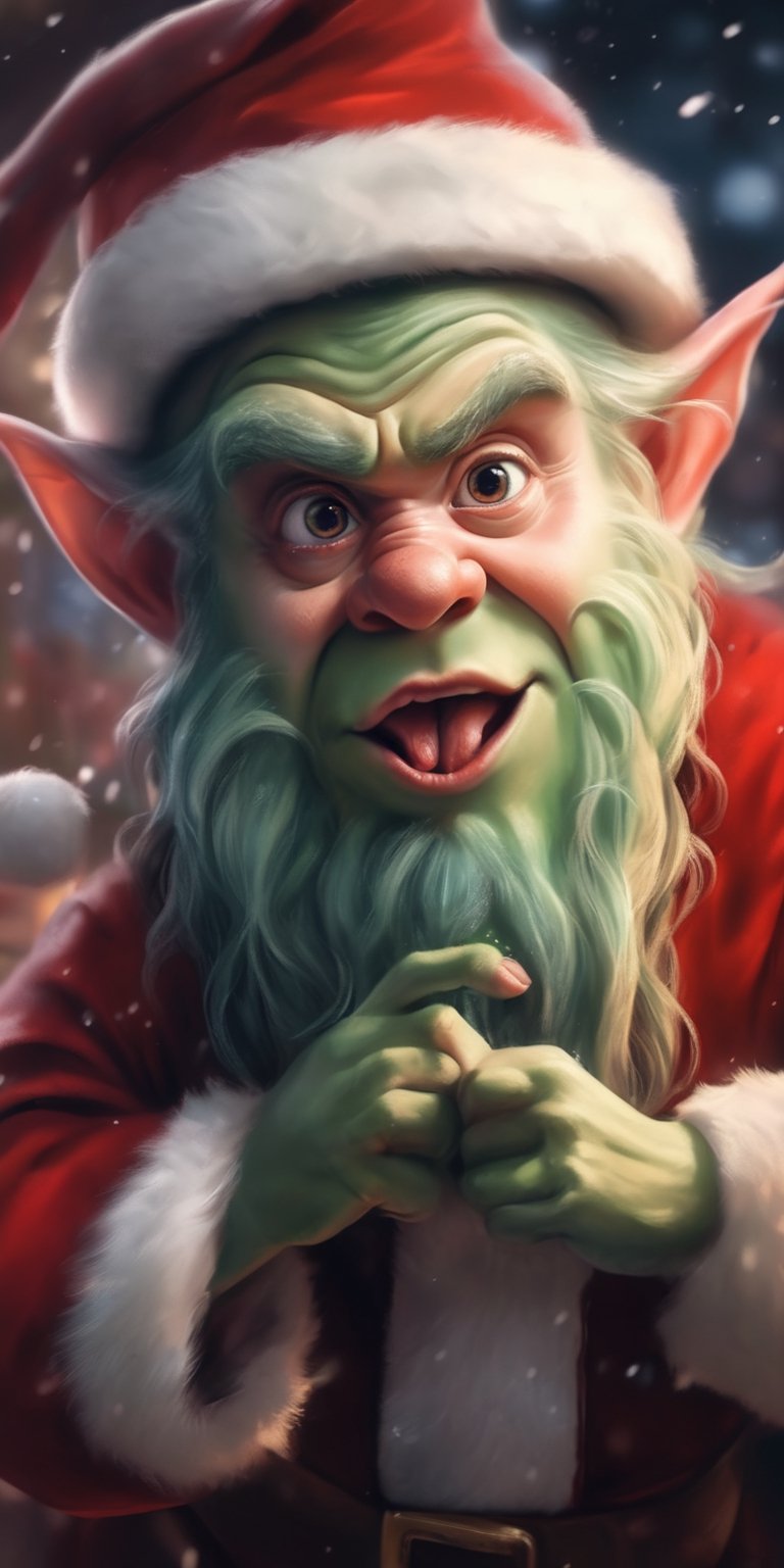 Generate hyper realistic image of an intensely detailed and visually captivating image of a scary Santa's elf transformed...