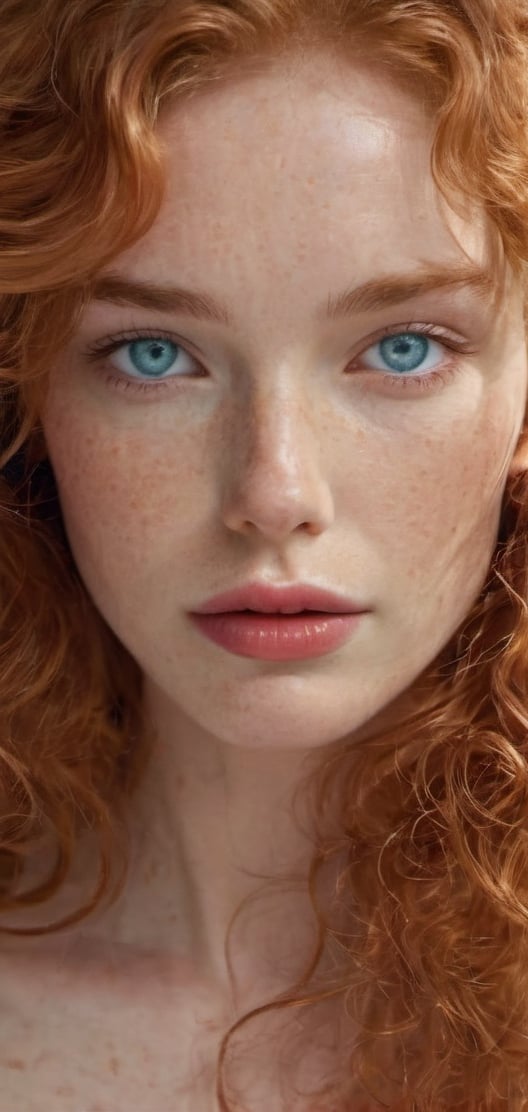Create a a beautiful gignger woman portrait looking up to the viewer long ginger hair,  curly hair ,  fluffy hair by Decyf...