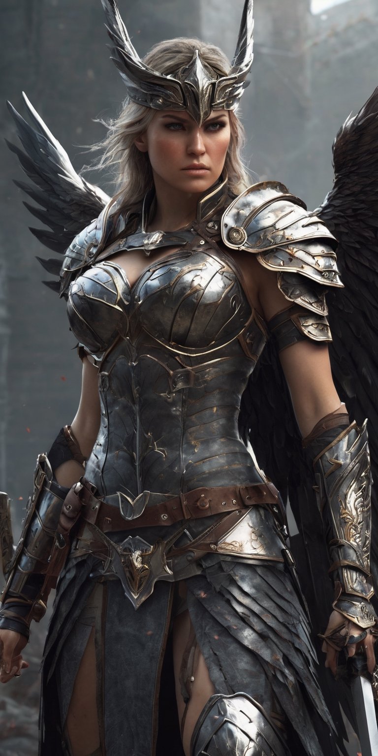 Generate hyper realistic image of a valkyrie corrupted by malevolent forces,  her once-glorious armor now tainted,  wieldi...