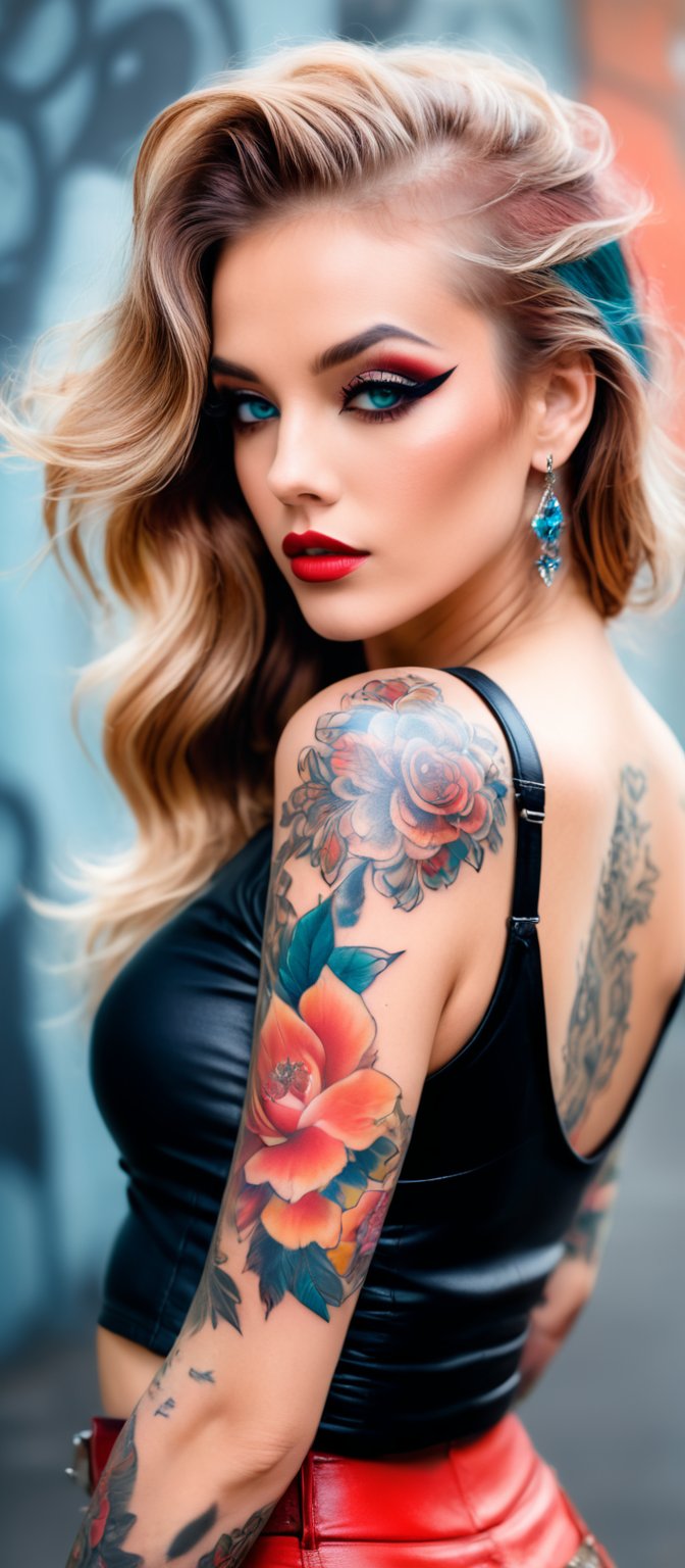 Generate hyper realistic image of a woman posing in an eye-catching outfit with a prominent tattoo. The woman has long,  l...