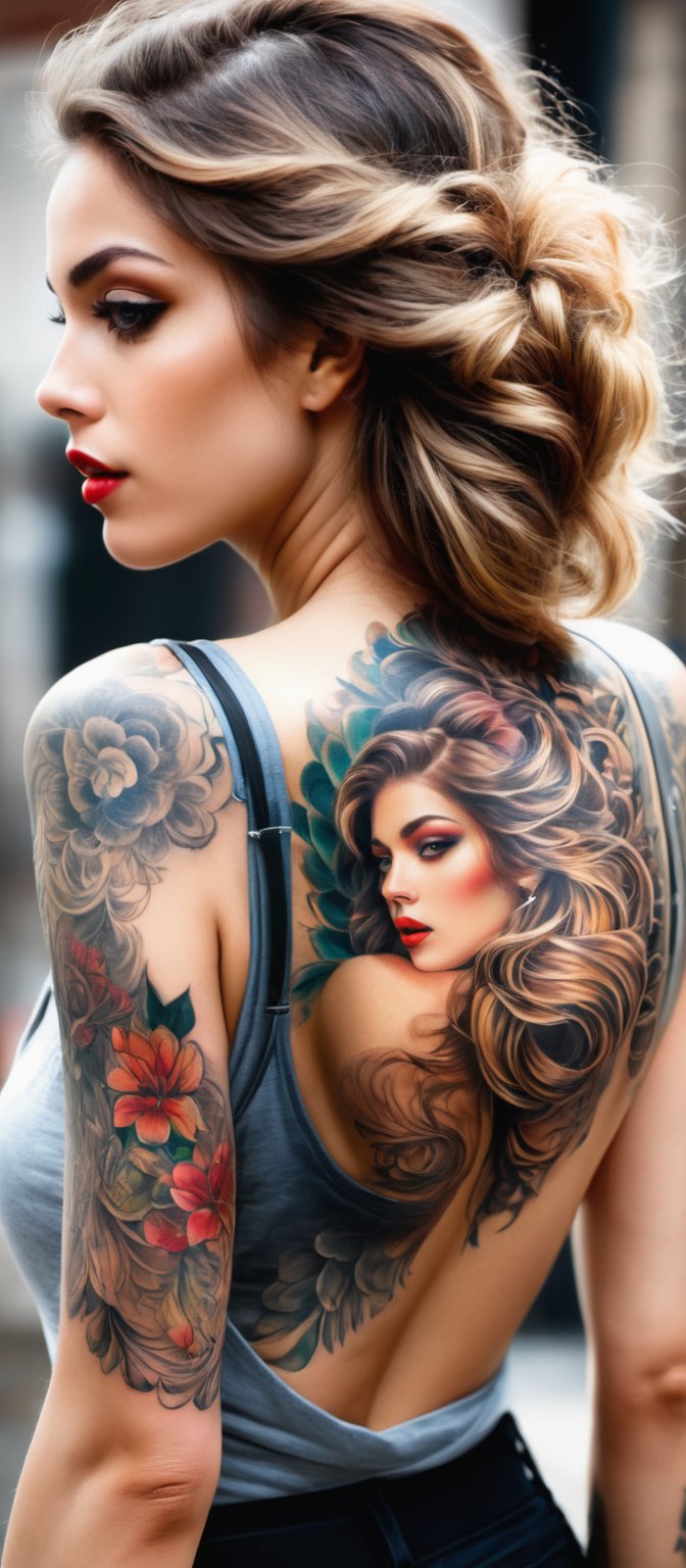 Generate hyper realistic image of a woman with an intricate and vibrant full-back tattoo. The tattoo spans the entire back...