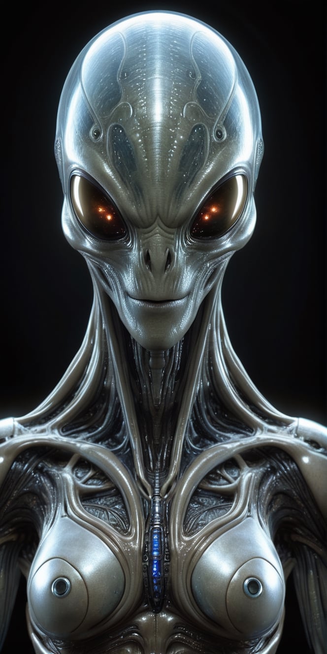 Generate hyper realistic image of an alien creature capable of manipulating its molecular structure at will. In a scene re...