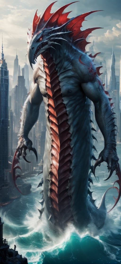 create a gigantic leviathan emerging from sea.towering over city,  humans in panick. humanoid body with tantacles,  It has...