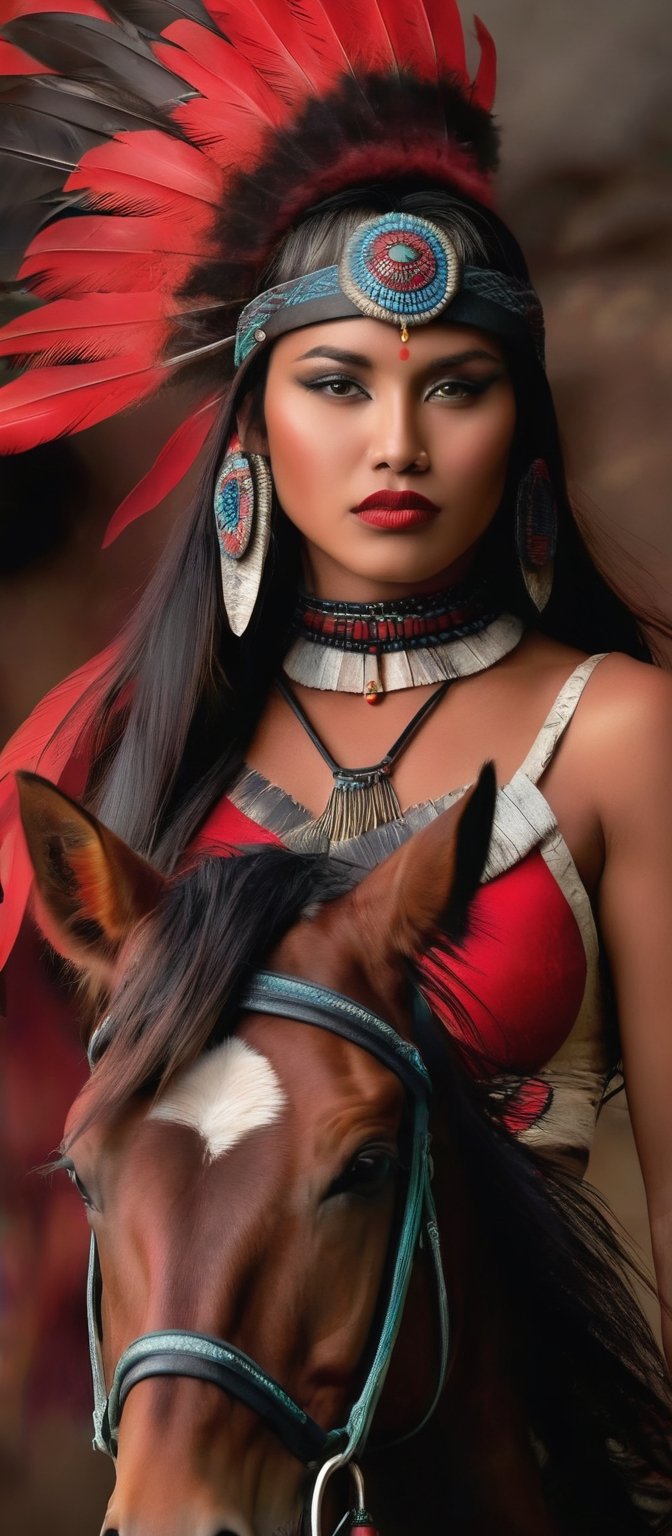 Generate hyper realistic image of a native woman exuding strength and beauty. She has long,  flowing black hair adorned wi...