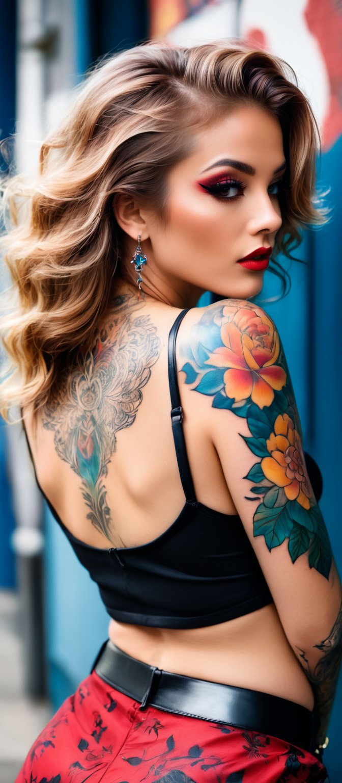 Generate hyper realistic image of a woman posing in an eye-catching outfit with a prominent tattoo. The woman has long,  l...