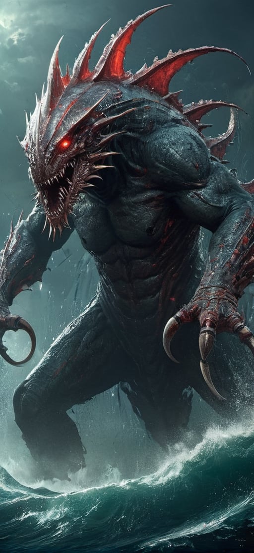 create a gigantic leviathan emerging from sea .towering over huge cruise ship,  humans in panick. humanoid body with tanta...