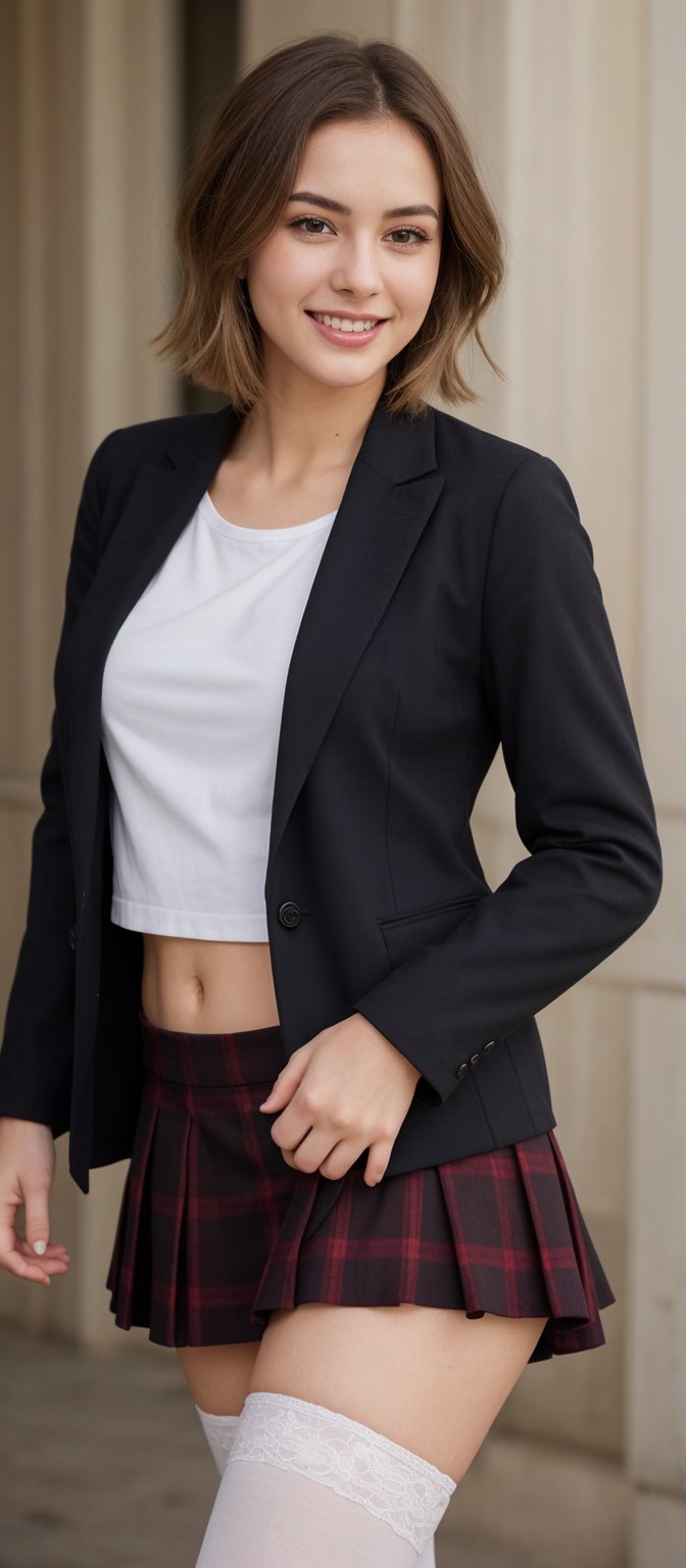 Generate hyper realistic image of a woman in a school uniform,  her short blonde hair framing her face as she smiles at th...