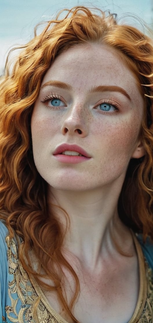 Create a a beautiful gignger woman portrait looking up to the viewer long ginger hair,  curly hair ,  fluffy hair by Decyf...