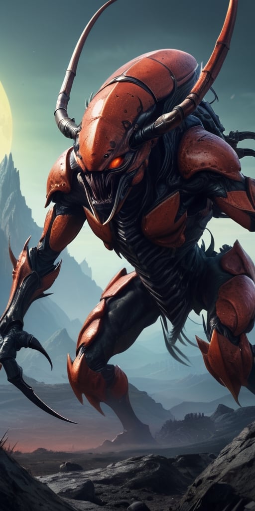 Generate hyper realistic image of a hellish insectoid behemoth with razor-sharp pincers and a carapace adorned with grotes...