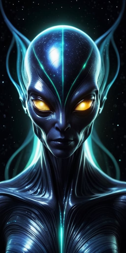 Generate hyper realistic image of a magnetic-field alien hybrid,  with luminous patterns that respond to magnetic forces,...