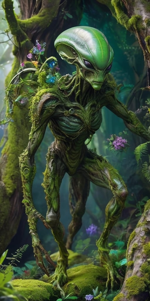 Generate hyper realistic image of an alien. they have a robust,  quadrupedal body covered in bark-like skin that blends se...