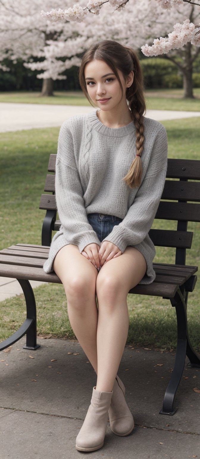 Generate hyper realistic image of a woman with long,  blonde hair styled in a ponytail adorned with a hair bow. She sits o...