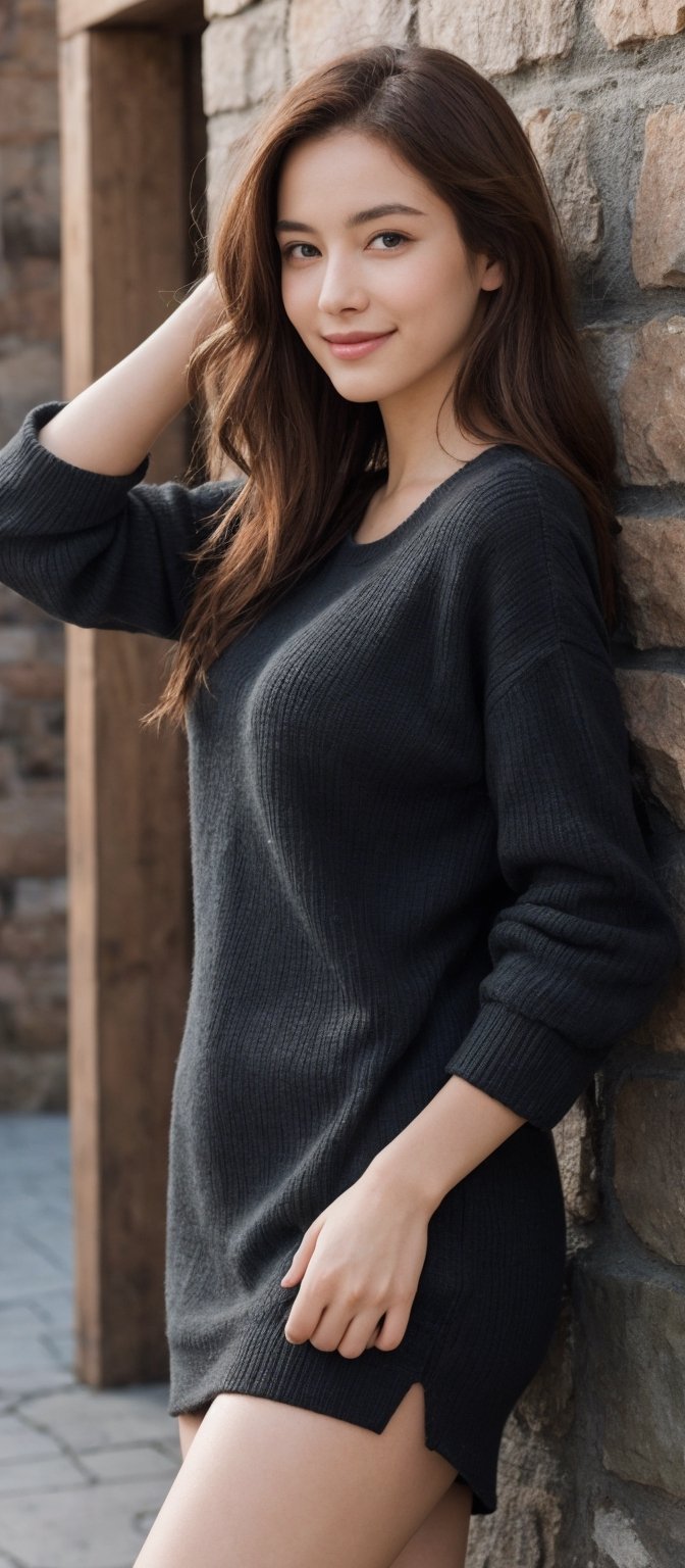 Generate hyper realistic image of a woman with long, red hair, standing against a rustic wall. She wears a black sweater dress, lifting it slightly to reveal a blush on her tanned skin. With a subtle smile, she gazes directly at the viewer, her long hair cascading down. The scene exudes simplicity and authenticity, capturing the raw beauty of the moment.