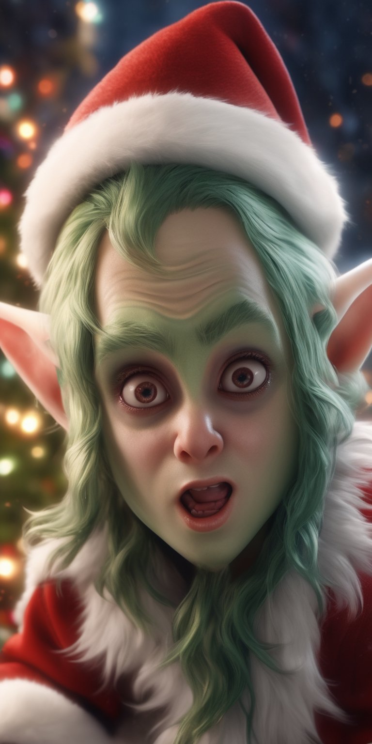 Generate hyper realistic image of an intensely detailed and visually captivating image of a scary Santa's elf transformed...