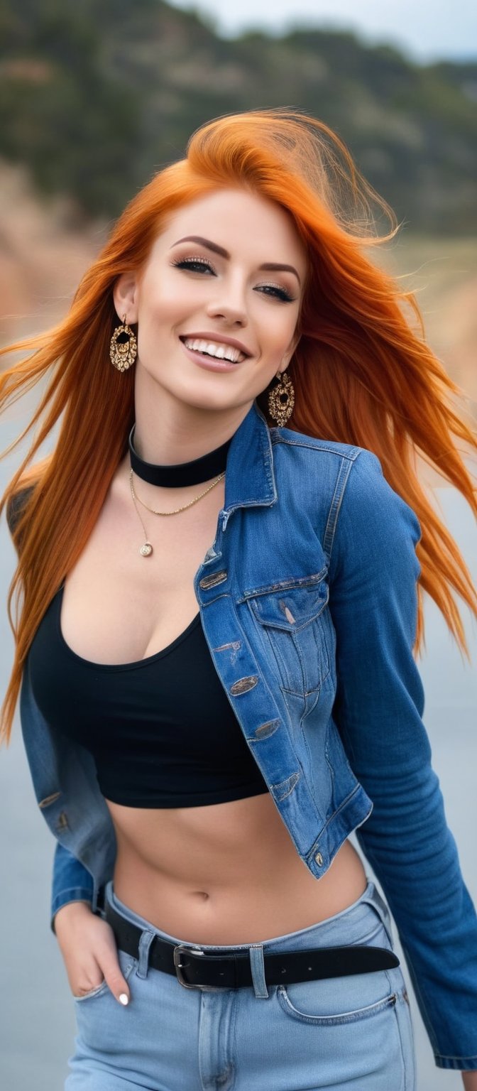 Generate hyper realistic image of a woman with flowing orange hair that cascades down her back,  looking at the viewer wit...
