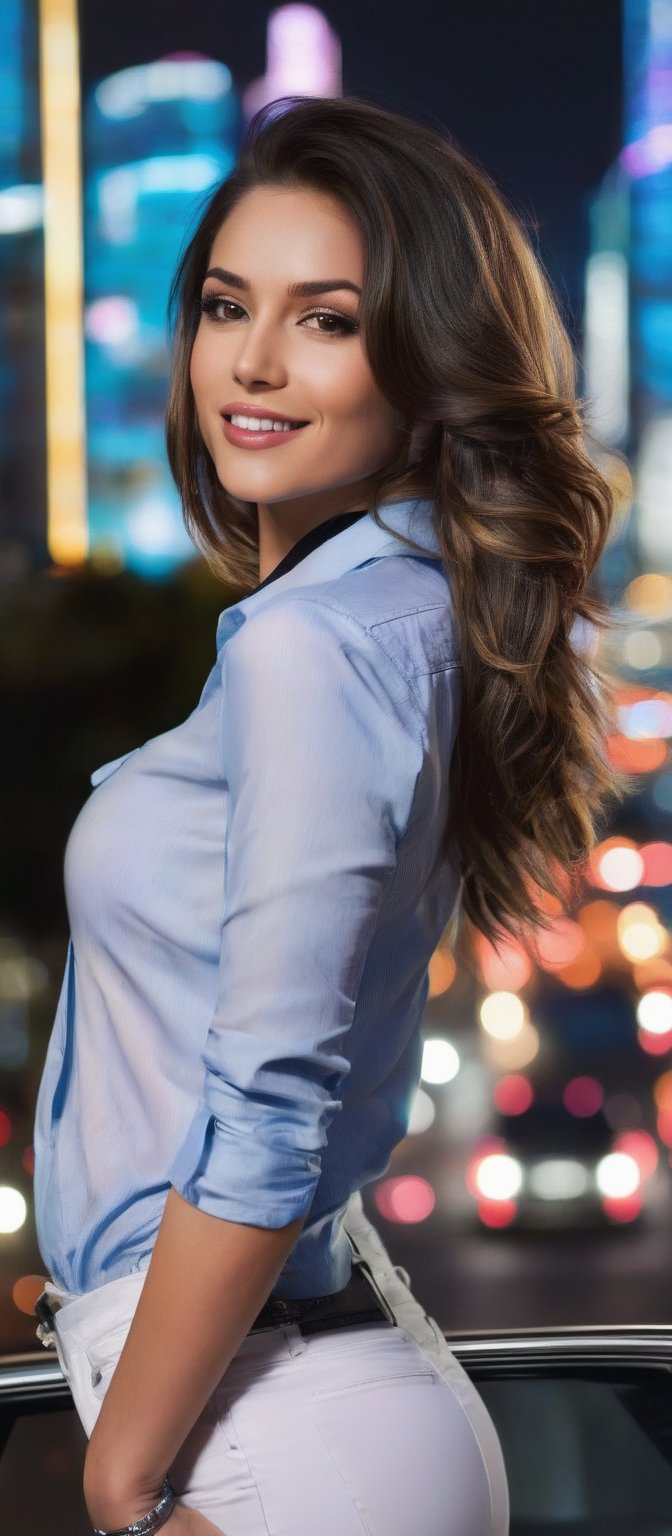 Generate hyper realistic image of a woman standing in front of a nighttime cityscape, with flowing brunette hair cascading down her back. She faces the viewer with a smile, her large breasts accentuated by a light blue and white striped shirt. The shirt is detailed with a black collar, white stripes, and an emblem on the right side of the chest that reads "meow". The scene includes a car driving down a street lined with street lights, capturing the city’s vibrant nighttime atmosphere. Her hair is pulled back.