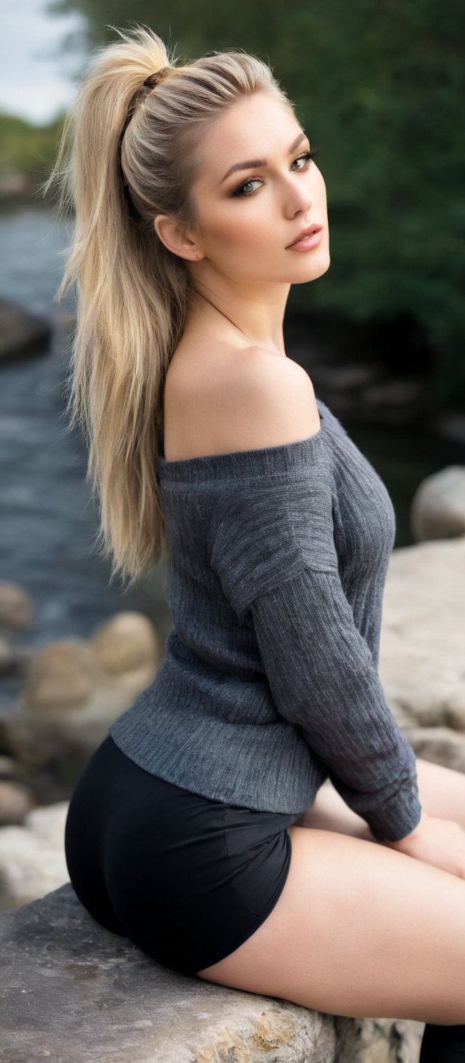 Generate hyper realistic image of a woman seating on a stone ledge by a tranquil riverside. She has long, blonde hair styled in a high ponytail that cascades down her back. The hair is slightly tousled. Her eyes are a captivating shade of amber. She wears a loose, off-the-shoulder black sweater that hangs slightly off her right shoulder. The sweater is ribbed. She has black thigh-high stockings that contrast with her fair skin. 