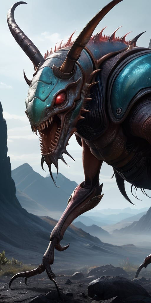 Generate hyper realistic image of a hellish insectoid behemoth with razor-sharp pincers and a carapace adorned with grotes...