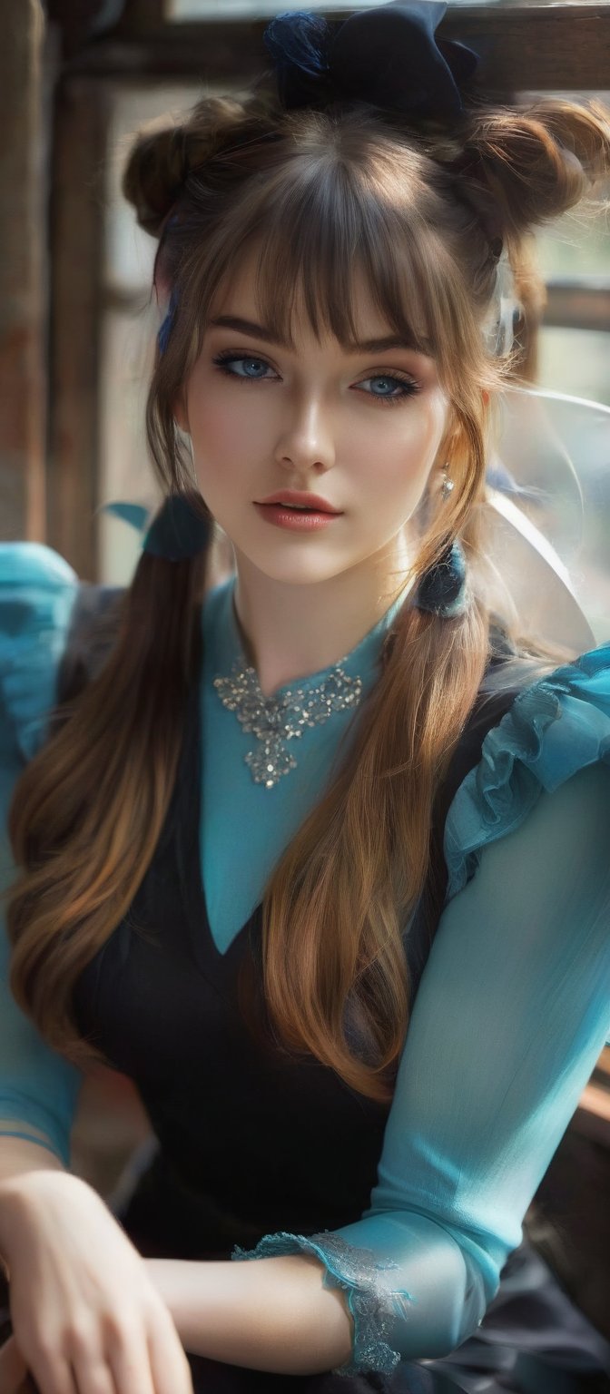 Generate hyper realistic image of a woman with long,  flowing hair sits by a window,  the sunlight casting a soft glow on...