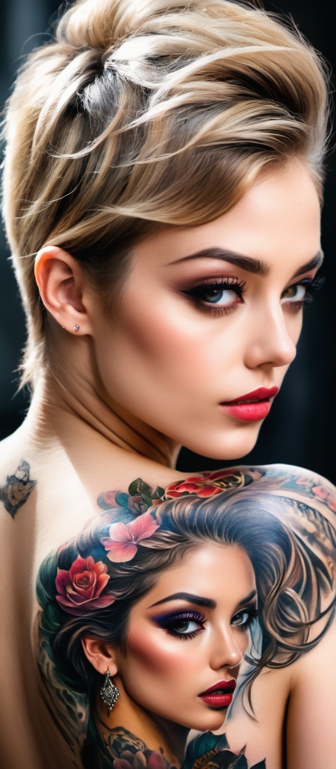 Generate hyper realistic image of a woman with an intricate and vibrant full-back tattoo. The tattoo spans the entire back...