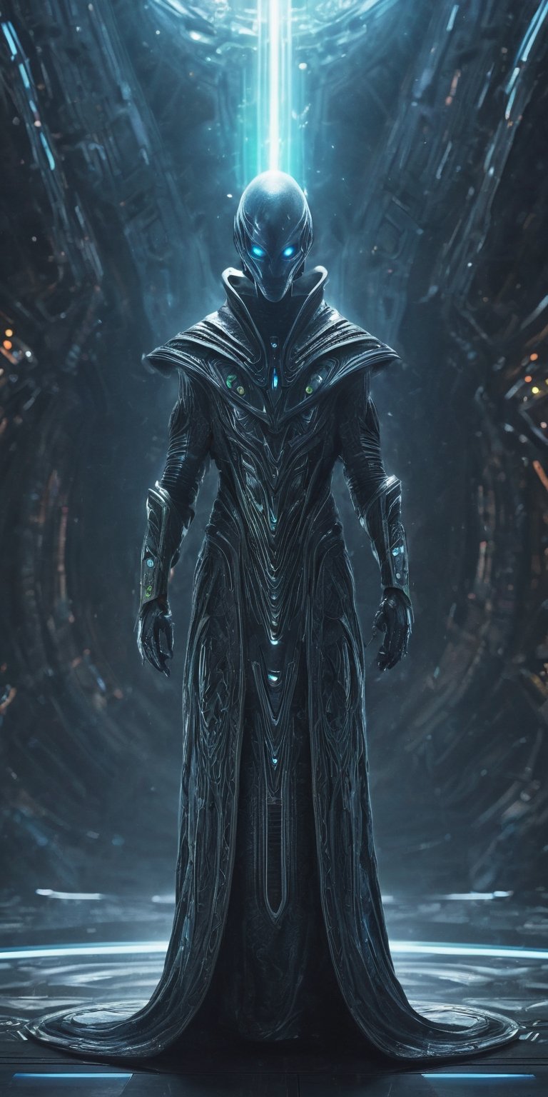 Generate hyper realistic image of an alien with mystical powers,  donned in intricate cosmic robes,  navigating a futurist...