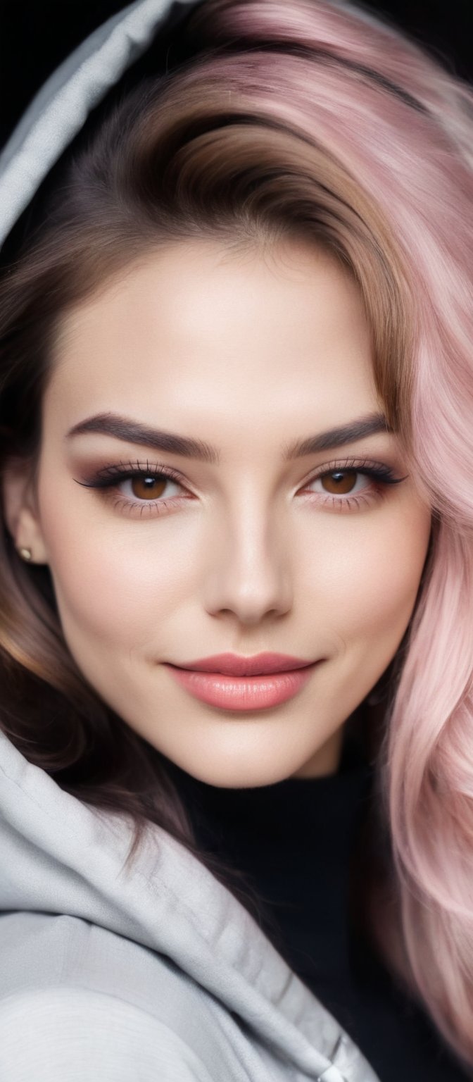 Generate hyper realistic image of a woman with flowing hair that cascades down her back. She is looking at the viewer with...
