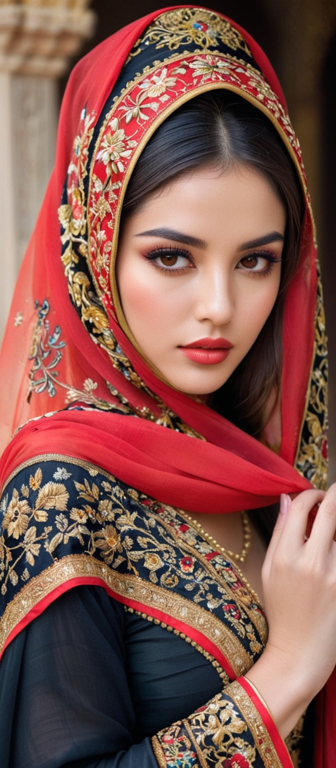 Generate hyper realistic image of a highly detailed portrayal of a regal and elegant woman dressed in traditional, ornate attire, blending elements of cultural and fantasy aesthetics. The woman is dressed in a luxurious black gown intricately adorned with golden embroidery and red accents. The gown has rich patterns running across the sleeves and hem, featuring geometric shapes and floral motifs. She wears a beautifully designed red and black headscarf draped over her head, with red floral patterns and golden embroidery that mirror the designs on her dress. The scarf flows gracefully over her shoulders. Her face is strikingly beautiful, with delicate features. She has flawless, glowing skin, slightly blushed cheeks, and full lips painted in a soft pink color. Her almond-shaped eyes are accentuated with subtle makeup. Long, flowing dark brown hair peeks out from beneath her headscarf. The backdrop is an ancient grand palace.