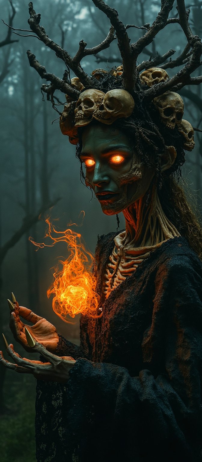 Generate hyper realistic image of a dark, haunting woman with macabre and mystical features. Her face is eerie and skeletal, covered in intricate patterns that resemble roots and vines, giving it a decaying, earthy appearance. Her eyes glow a bright, fiery orange. She is wearing crown-like headpiece made of twisted branches and skulls. The branches fan out from her head, some of them resembling gnarled tree roots, while numerous skulls are embedded within the design. Her clothing is dark and lacy, resembling an ancient, decayed wedding dress. The delicate lace details are contrasted by the rough, bark-like textures that blend into her skin. Her hands are elongated and bony, with sharp, claw-like fingers. Her body is mostly obscured by her dark clothing and the glowing energy she manipulates. The background is dark and shrouded in mist, with faint outlines of twisted trees and decaying branches.