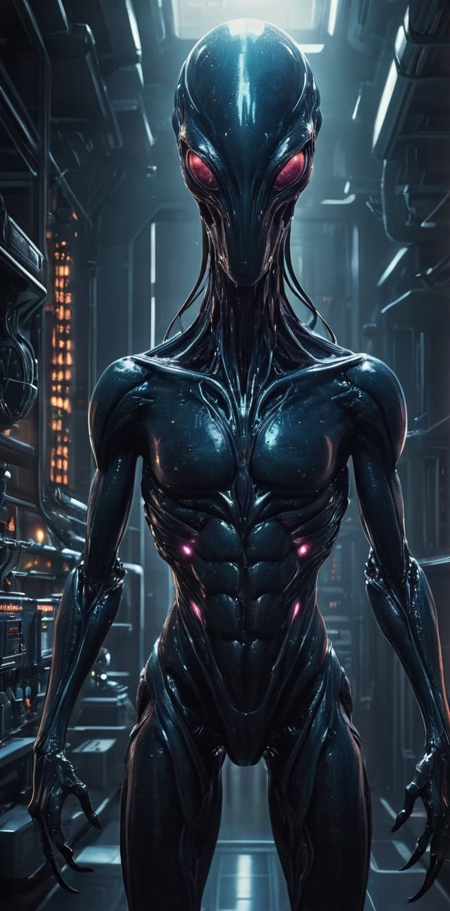Generate hyper realistic image of a symbiotic alien parasite metamorph monster integrating with its host in a dark and fut...