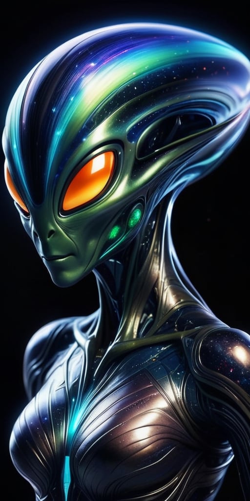 Generate hyper realistic image of a magnetic-field alien hybrid,  with luminous patterns that respond to magnetic forces,...