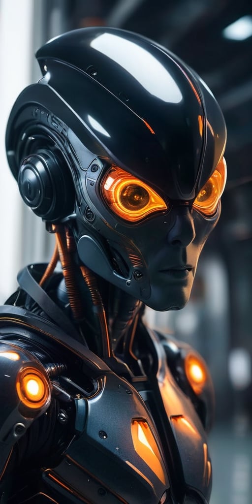 Generate hyper realistic image of a solo alien male figure,  surrounded by the emptiness of space. His orange eyes,  glowi...