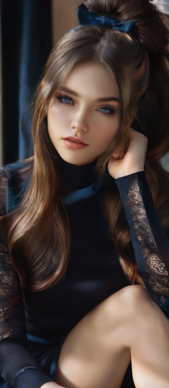 Generate hyper realistic image of a woman with long,  flowing hair sits by a window,  the sunlight casting a soft glow on...