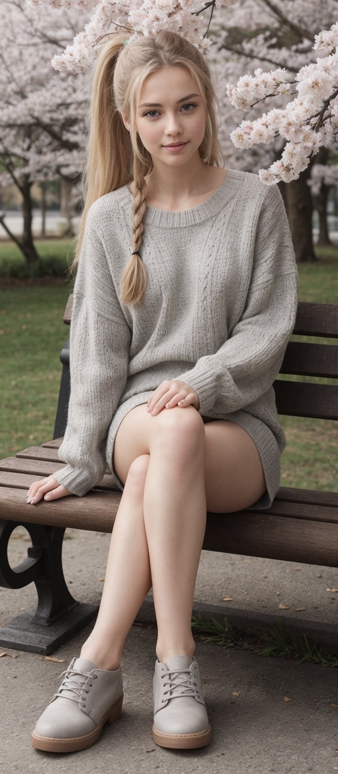 Generate hyper realistic image of a woman with long,  blonde hair styled in a ponytail adorned with a hair bow. She sits o...