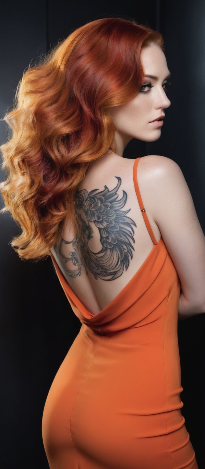 Generate hyper realistic image of a woman with long, wavy hair cascading down her back, dressed in a sleek black dress, her red hair peeking over her shoulder as she looks back with a serious gaze. Another woman with fiery orange hair, hair covering one eye, adorned in an elegant backless outfit, her back tattoo catching the eye, standing amidst dark shadows.