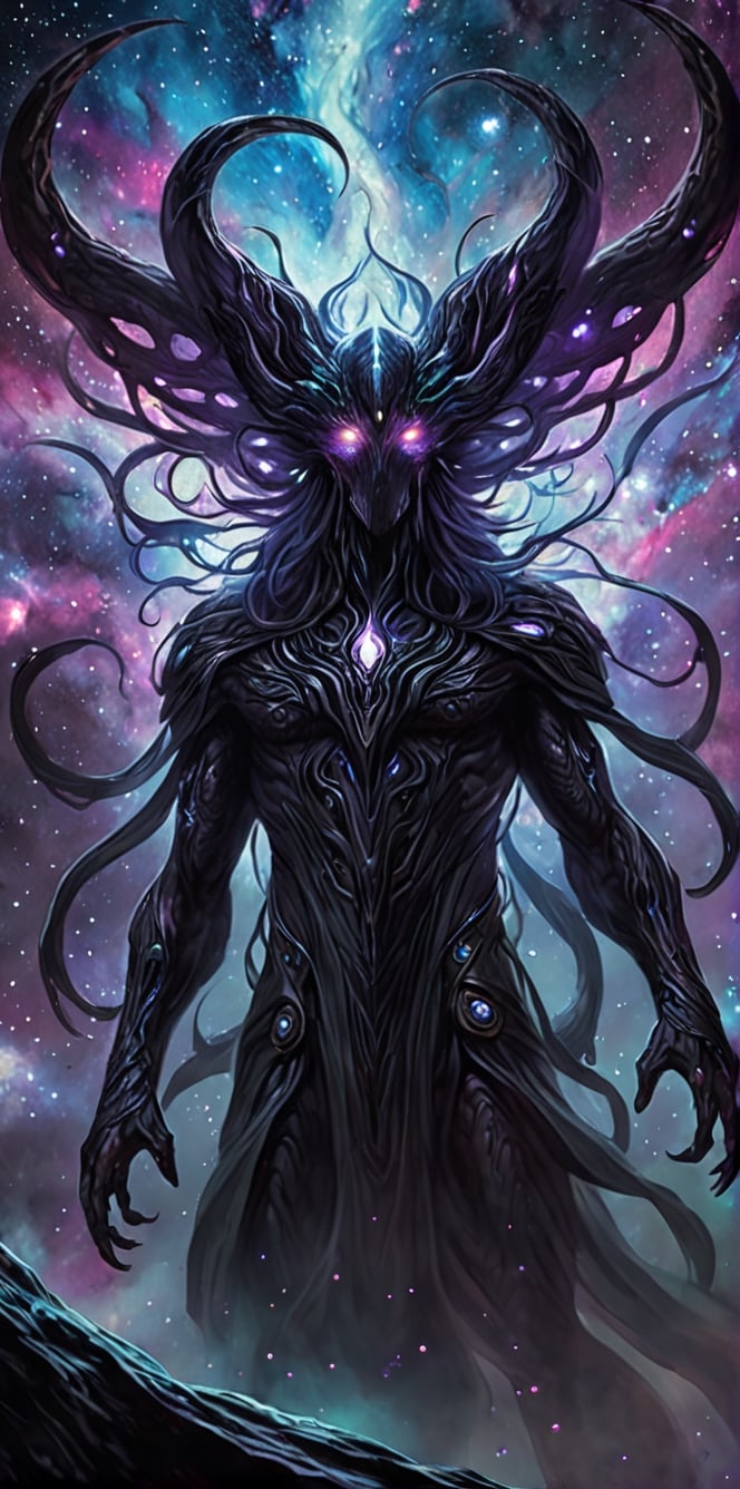 Generate hyper realistic image of an entity emerging from a cosmic void,  its form an amalgamation of darkness and swirlin...