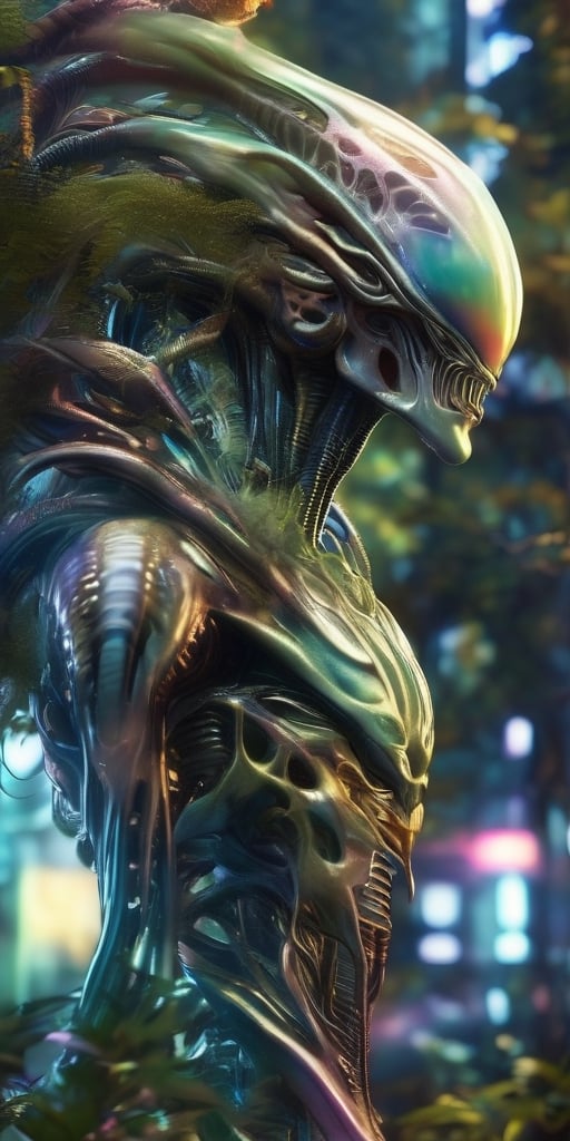 Generate hyper realistic image of a alien lurking among the trees. Its bony exoskeleton is adorned with vibrant,  biolumin...