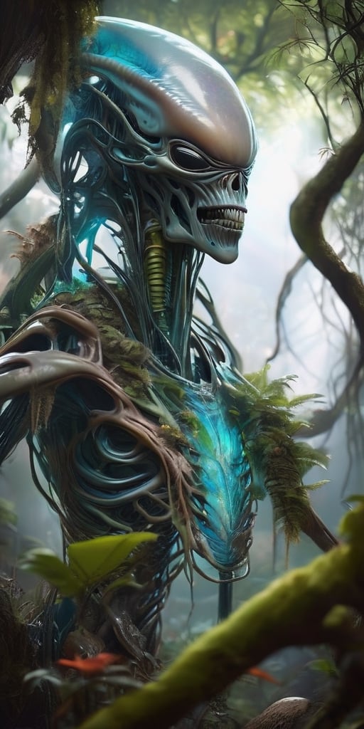 Generate hyper realistic image of a alien lurking among the trees. Its bony exoskeleton is adorned with vibrant,  biolumin...