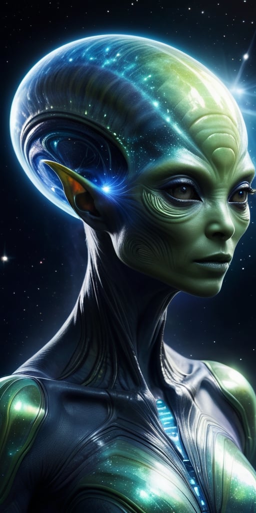 Generate hyper realistic image of a celestial-energy alien hybrid,  with radiant energy emanating from their body,  celest...