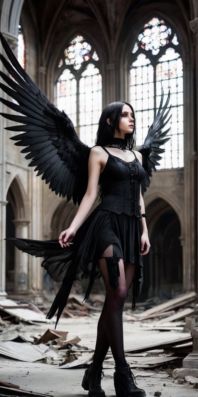Generate hyper realistic image of a goth girl with black wings in the solemn ambiance of an abandoned cathedral. Her dark...