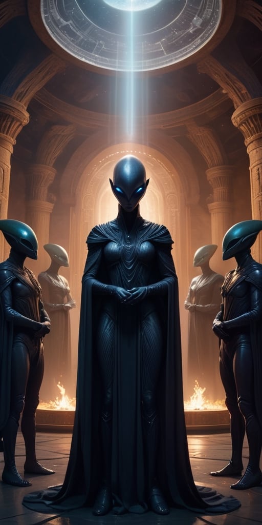 Generate hyper realistic image of a scene featuring a group of extraterrestrial beings conducting a dark and mysterious ce...