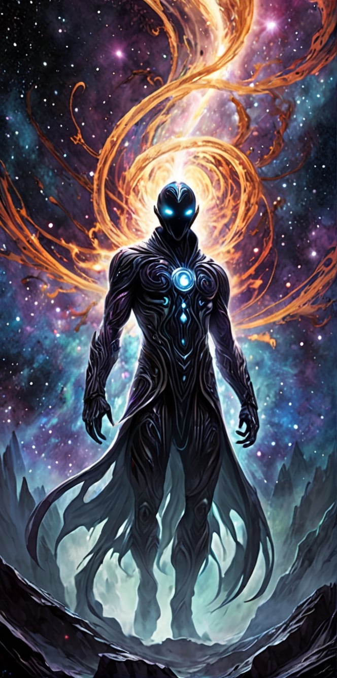 Generate hyper realistic image of an entity emerging from a cosmic void,  its form an amalgamation of darkness and swirlin...