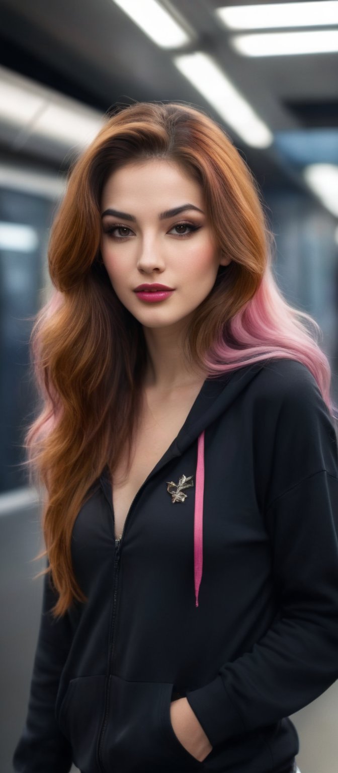 Generate hyper realistic image of a woman with flowing hair that cascades down her back. She is looking at the viewer with...