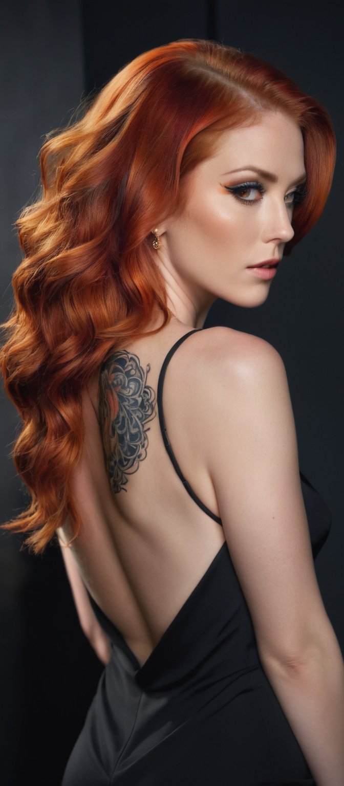 Generate hyper realistic image of a woman with long, wavy hair cascading down her back, dressed in a sleek black dress, her red hair peeking over her shoulder as she looks back with a serious gaze. Another woman with fiery orange hair, hair covering one eye, adorned in an elegant backless outfit, her back tattoo catching the eye, standing amidst dark shadows.