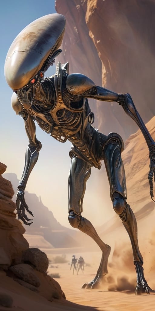 Generate hyper realistic image of an alien race with metallic,  chitinous exoskeletons,  reflecting the light in a mesmeri...