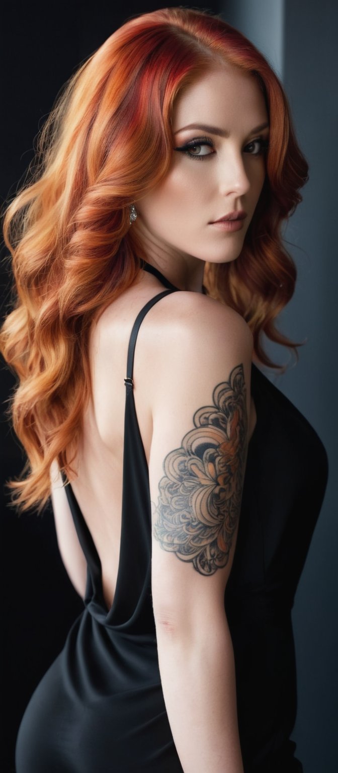 Generate hyper realistic image of a woman with long, wavy hair cascading down her back, dressed in a sleek black dress, her red hair peeking over her shoulder as she looks back with a serious gaze. Another woman with fiery orange hair, hair covering one eye, adorned in an elegant backless outfit, her back tattoo catching the eye, standing amidst dark shadows.