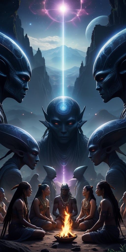 Generate hyper realistic image of a scene featuring a ritualistic gathering of intergalactic shamans,  their bodies adorne...