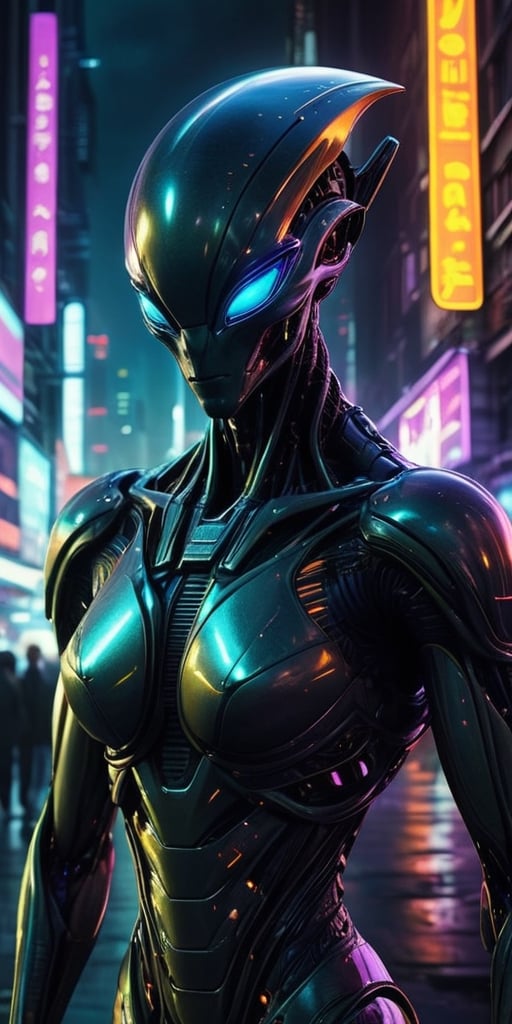 Generate hyper realistic image of a scene featuring a cybernetically enhanced alien being,  their body merging with dark m...