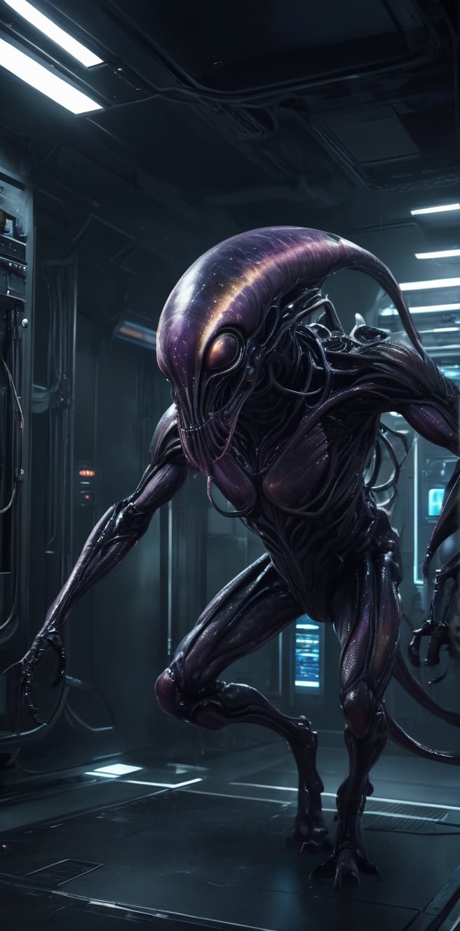 Generate hyper realistic image of a symbiotic alien parasite metamorph monster integrating with its host in a dark and fut...